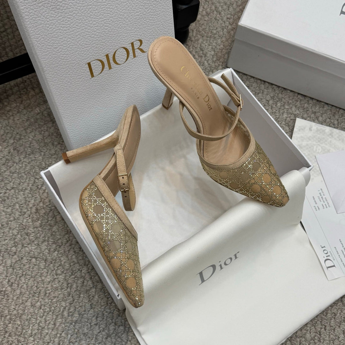 CD Rhinestone 10cm Slingback Sandals Imported Mesh 157555