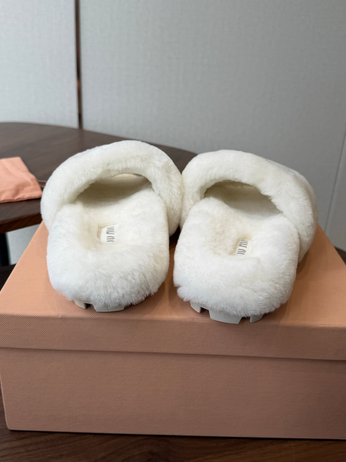 Miumiu 26s Crystal Logo Slides White Shearling