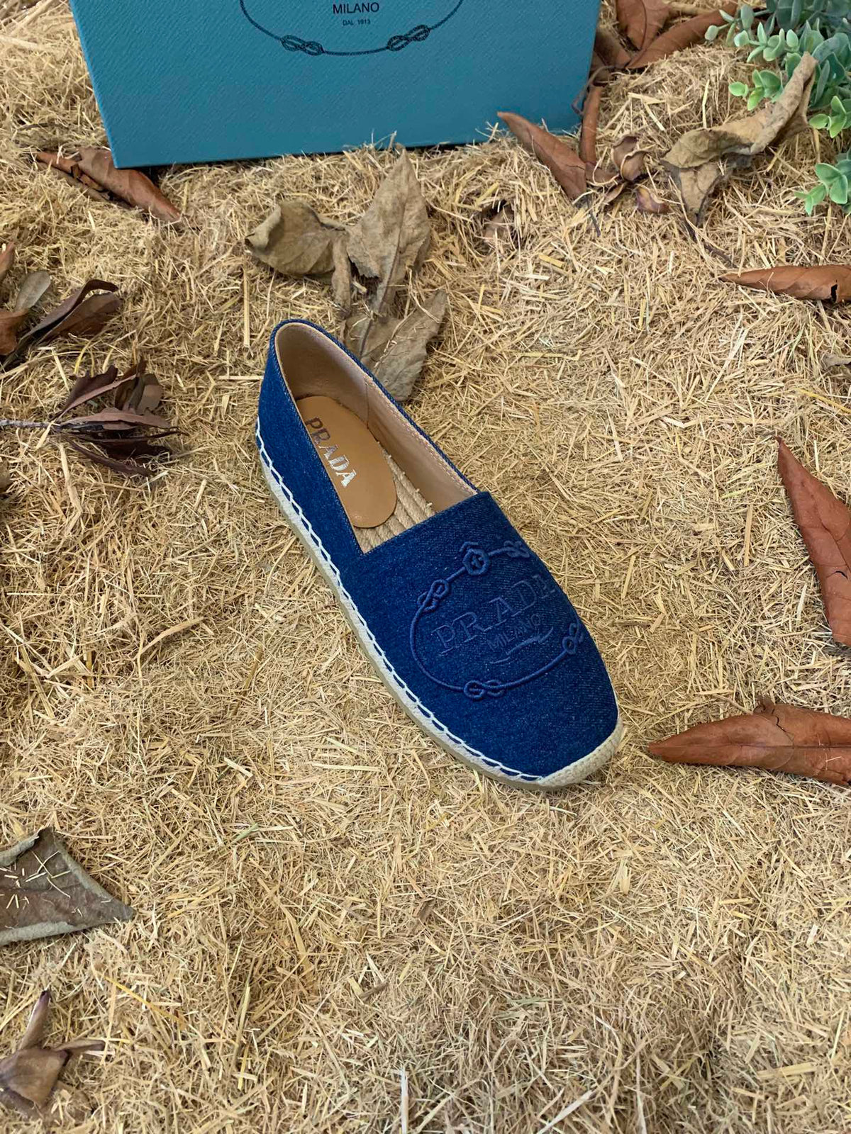 Prada 26s Espadrille Flats Blue Denim Embroidered Logo