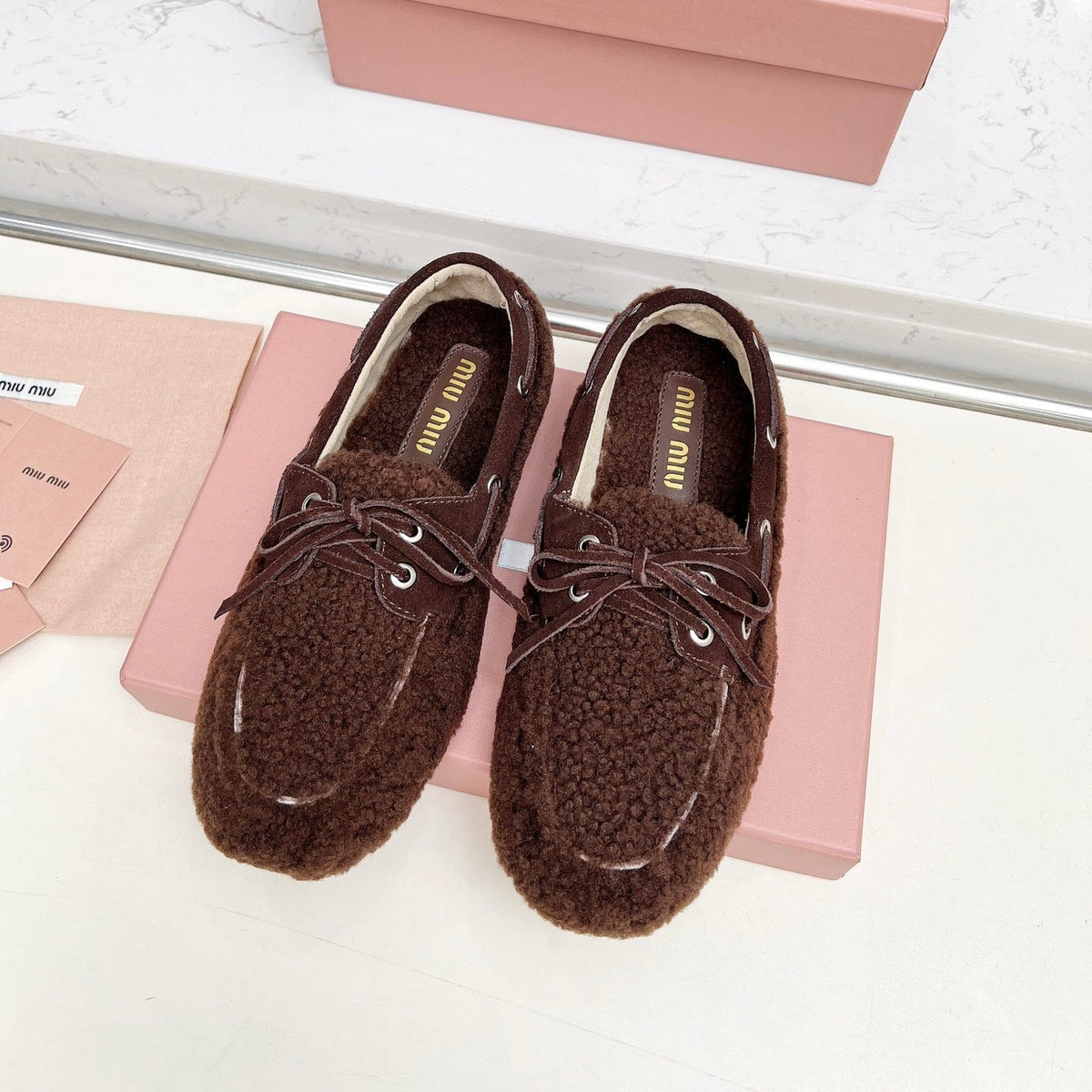 Miumiu 26s Boat Loafers Dark Brown Shearling
