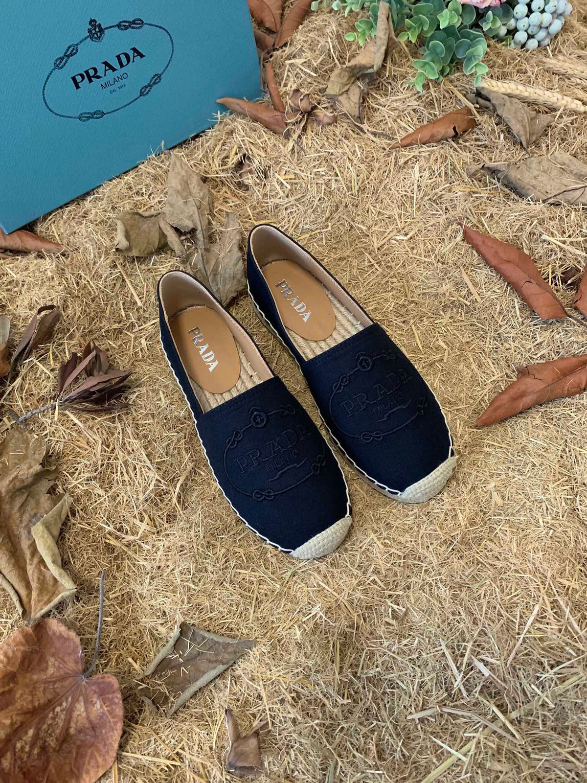 Prada 26s Espadrille Flats Black Canvas Embroidered Logo