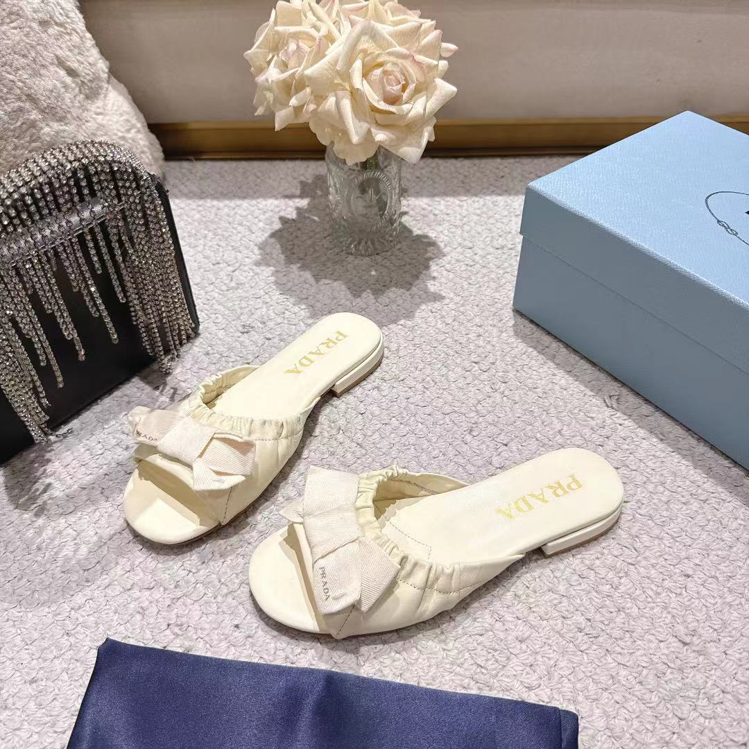 Prada 26s Ruched Bow Slide Sandals Ivory White Calfskin