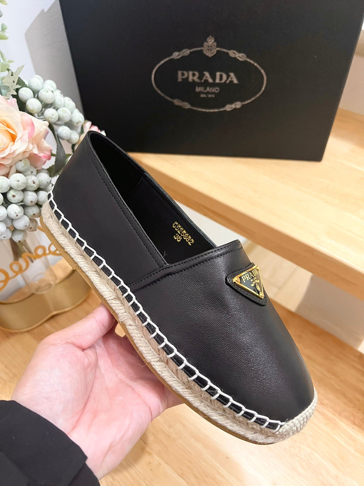 Prada 26s Logo Espadrille Slip On Flats Black Calfskin