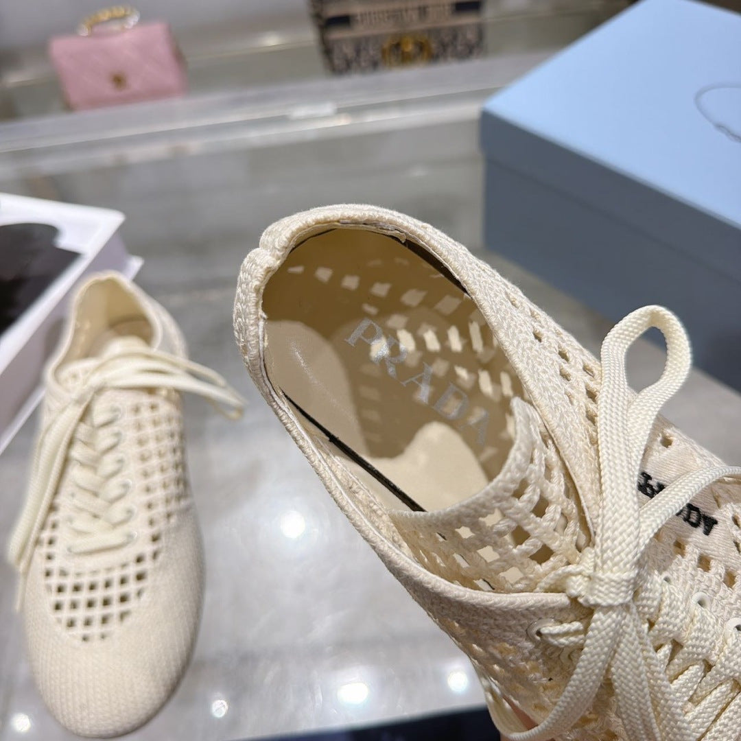 Prada 26s Lace Up Openwork Knit Sneakers Ivory White Knit Fabric