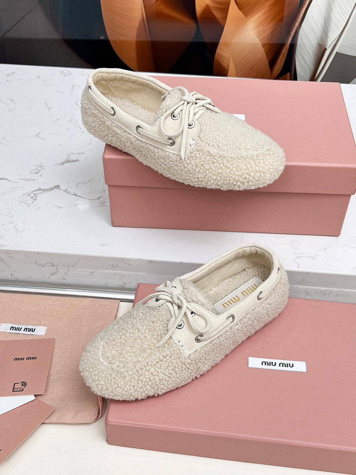 Miumiu 26s Boat Loafers Beige Shearling