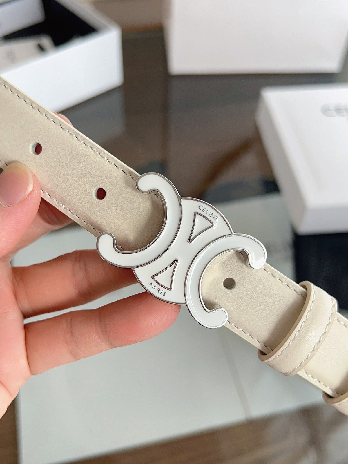 Celine 2026 Triomphe Belt 25mm White Leather 194260