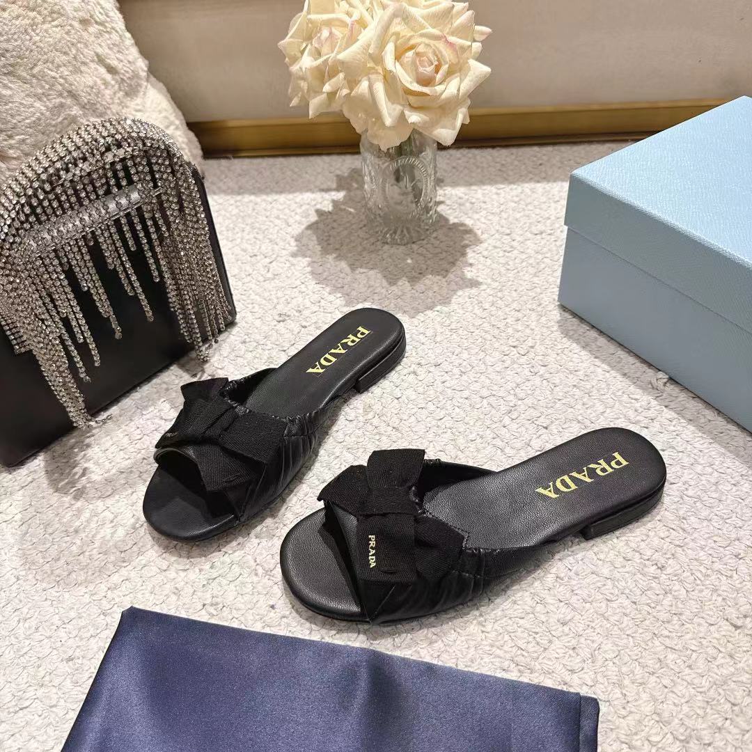 Prada 26s Ruched Bow Slide Sandals Black Calfskin