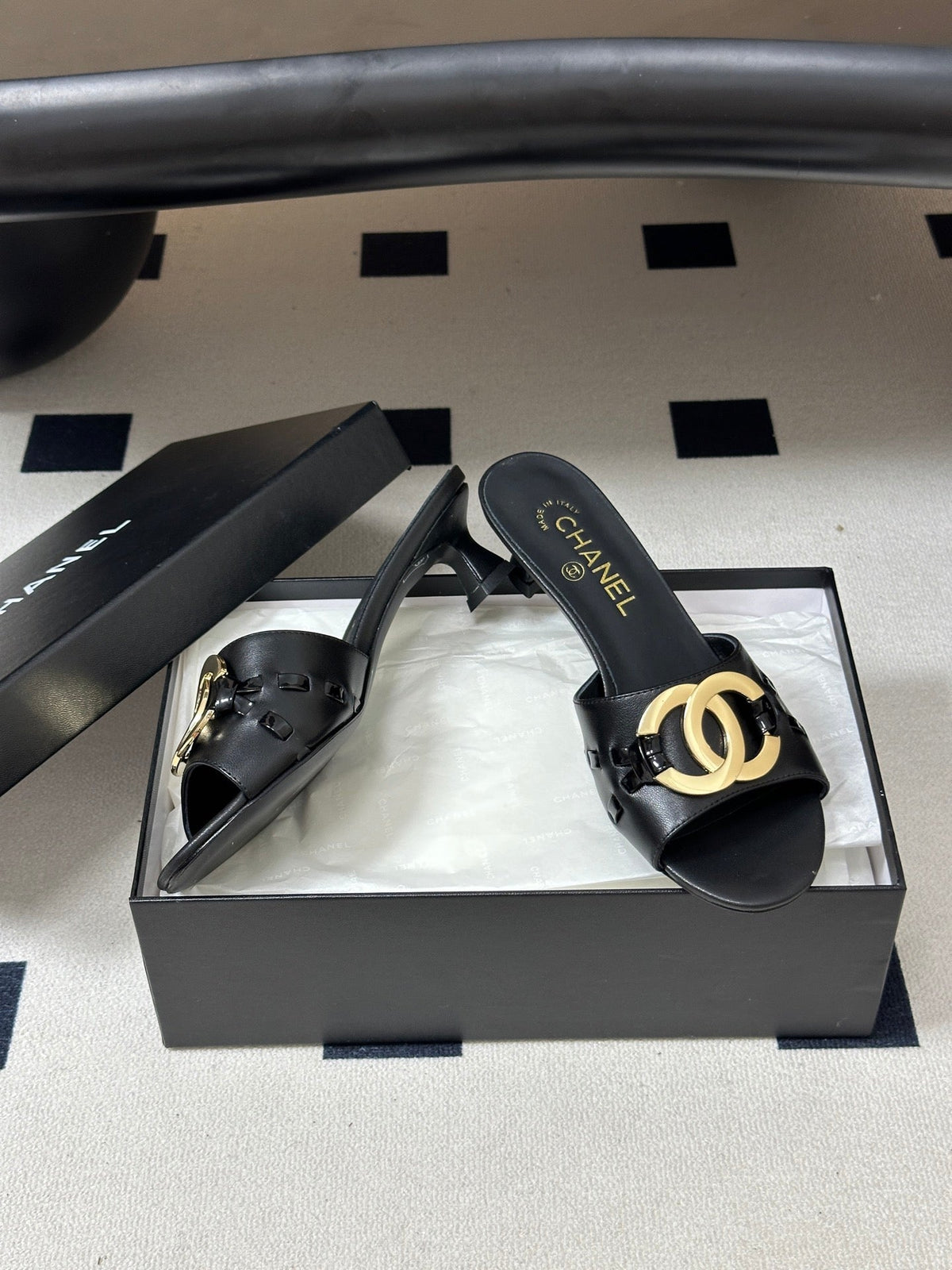 CC 26S High Heel Mule in Black Lambskin with Gold-Tone CC Logo