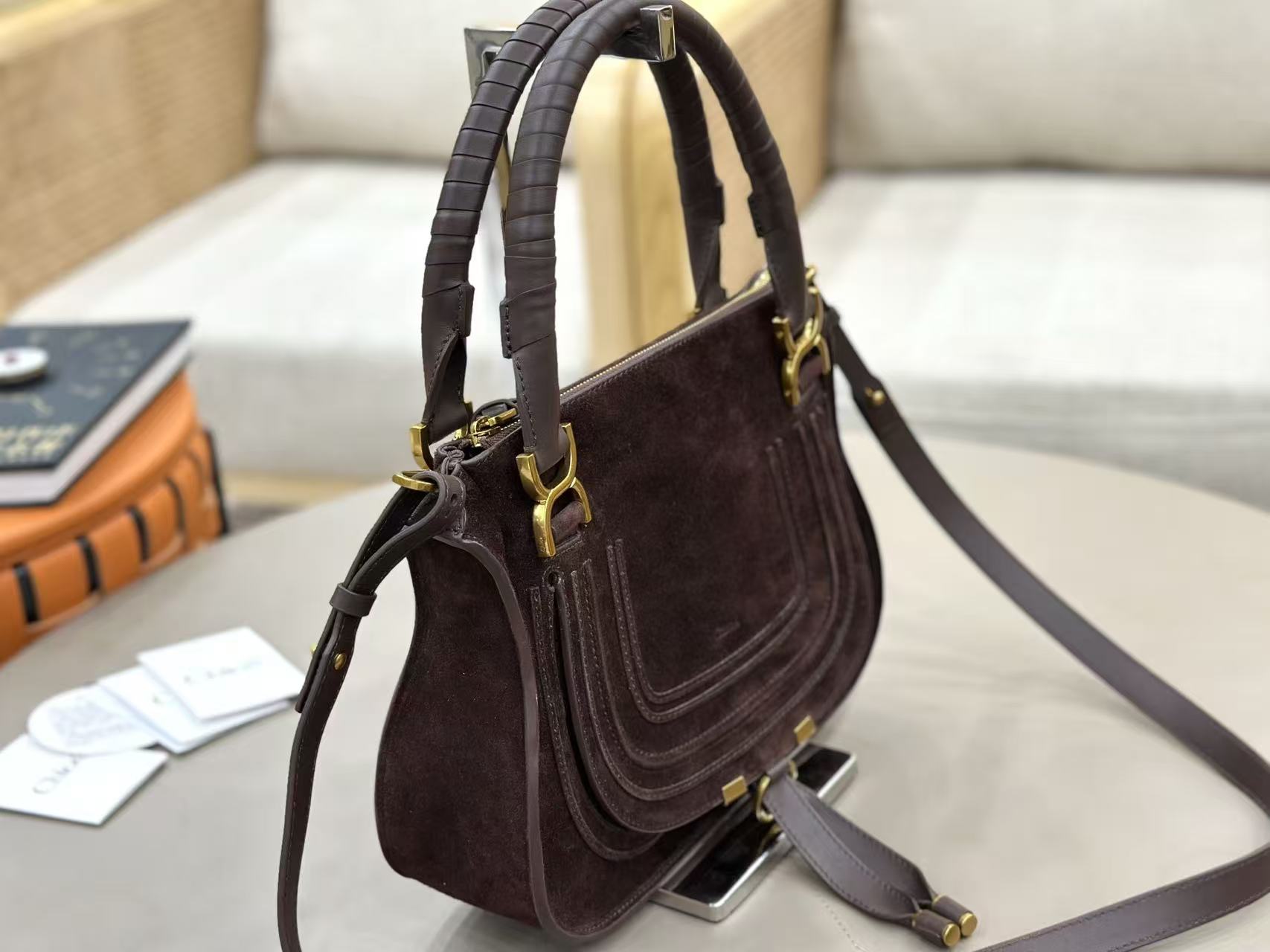 Marcie Bag In Grained Leather  Dark Brown Suede