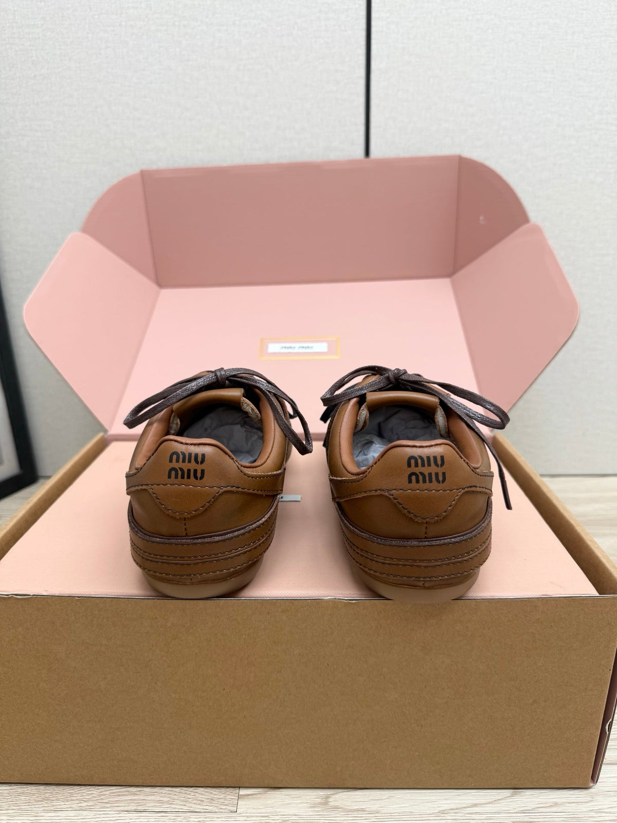 Miumiu 26s Buckle Sneakers Brown Calfskin With Gold Hardware
