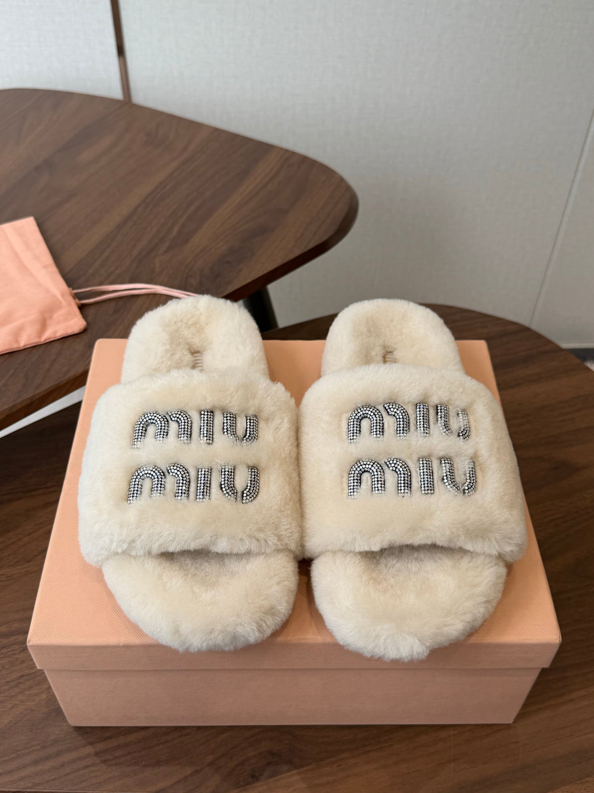 Miumiu 26s Crystal Logo Slides Light Beige Shearling
