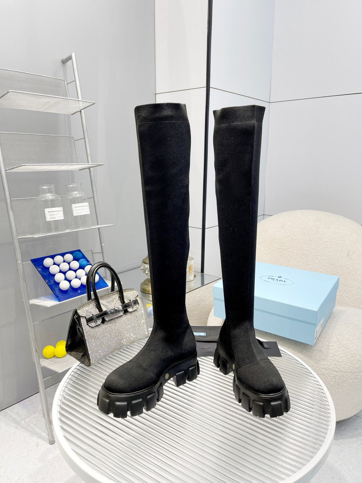 Prada 2026 Monolith Sock Boots 55mm Black Fabric 148340