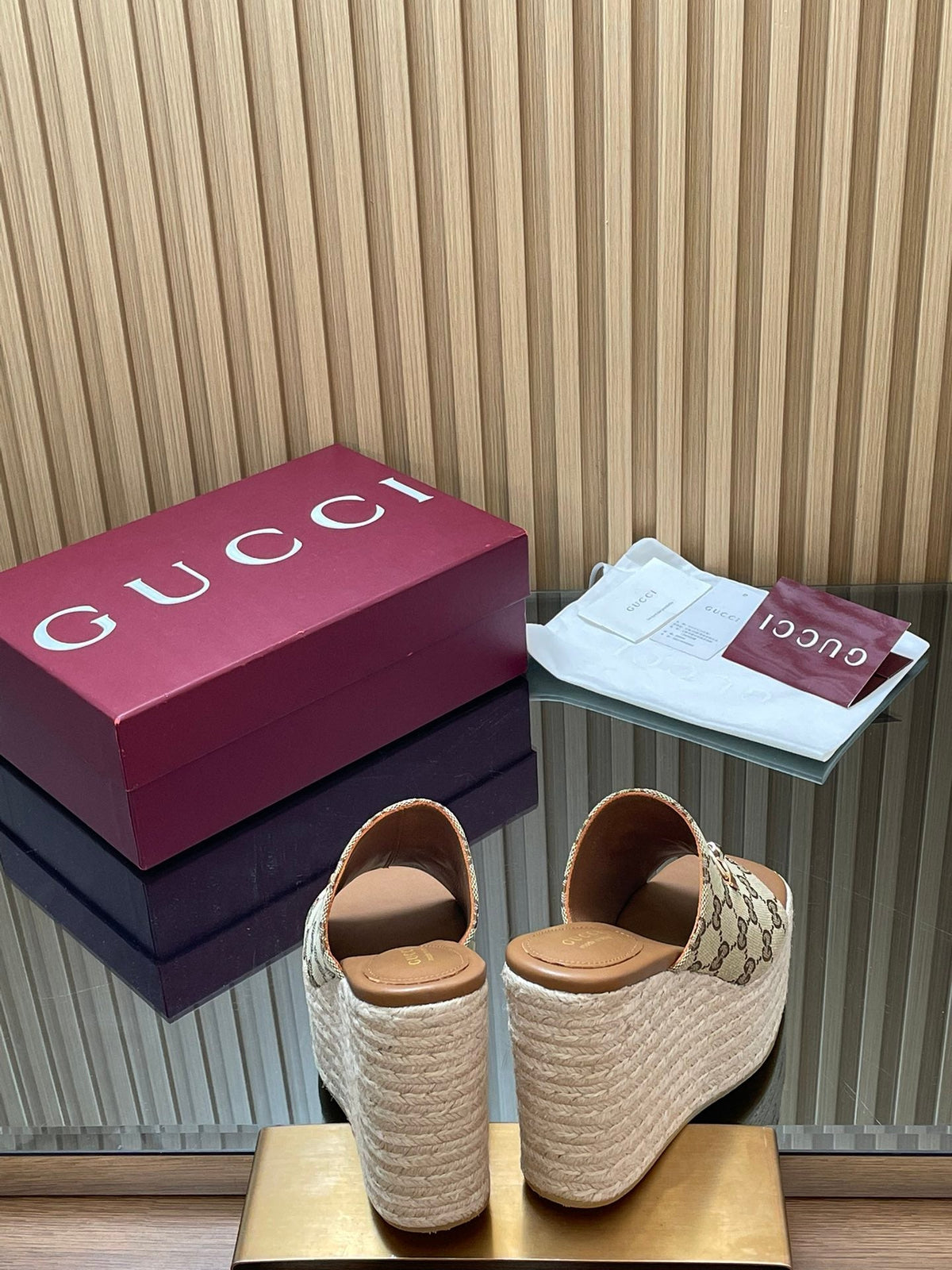 Gucci 26S Wedge Sandals 11Cm In Beige Canvas GG Monogram