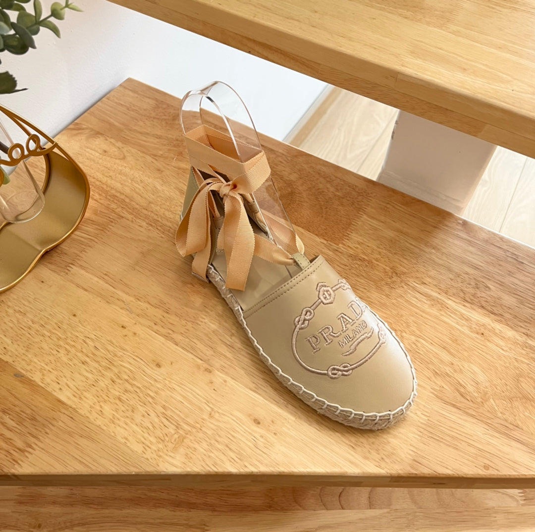 Prada 26s Lace Up Espadrille Flats Beige Calfskin