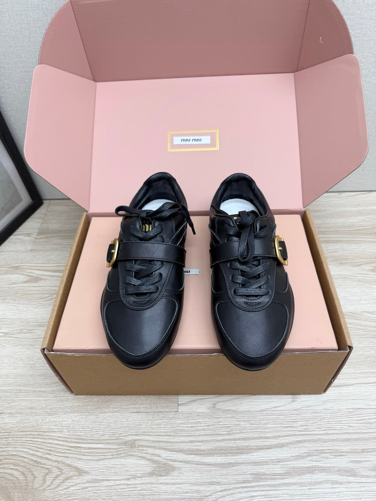 Miumiu 26s Buckle Sneakers Black Calfskin With Gold Hardware