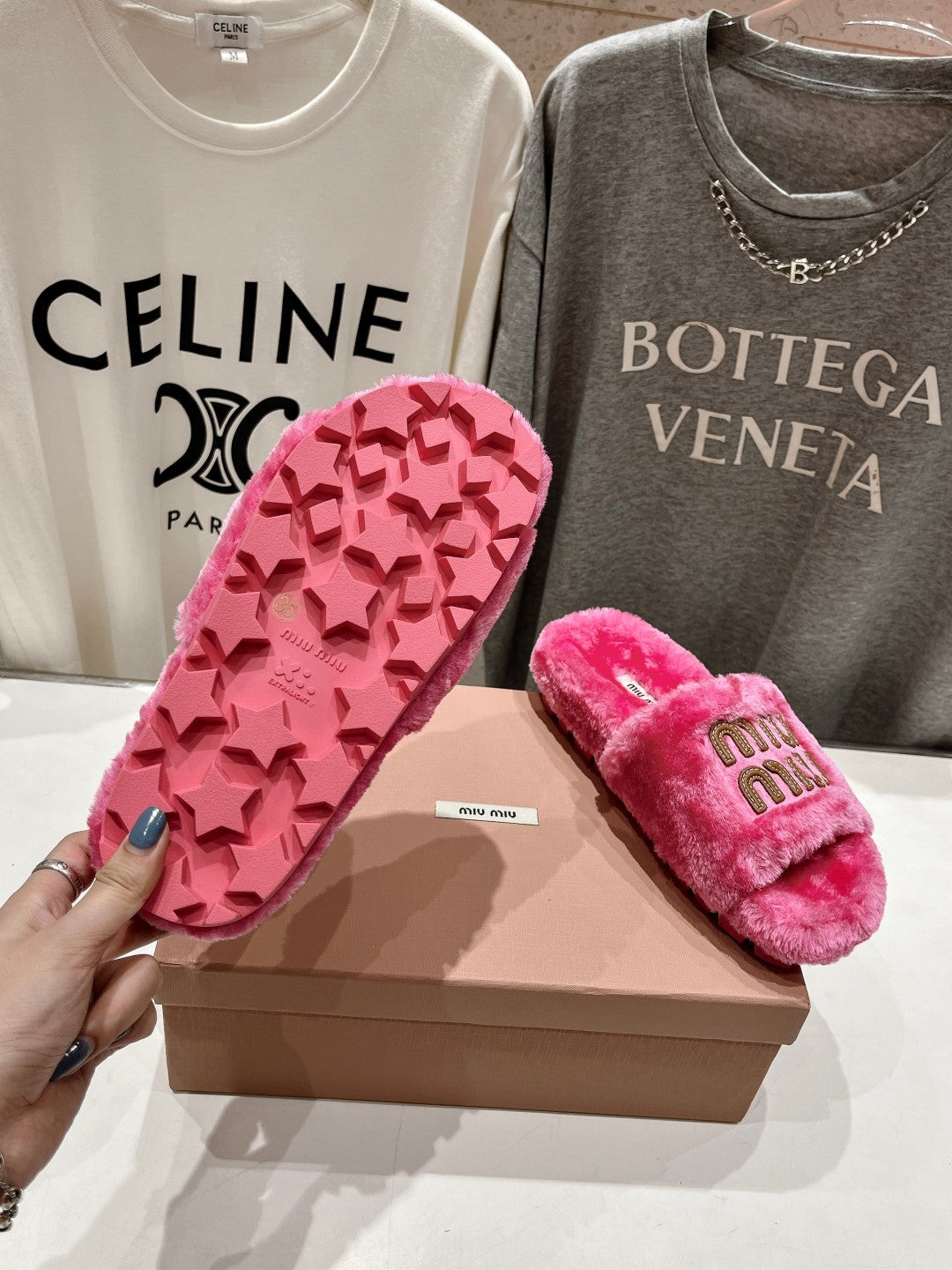 Miumiu 26s Flat Slides Pink Shearling