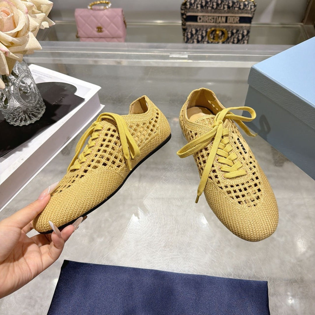 Prada 26s Lace Up Openwork Knit Sneakers Yellow Beige Knit Fabric