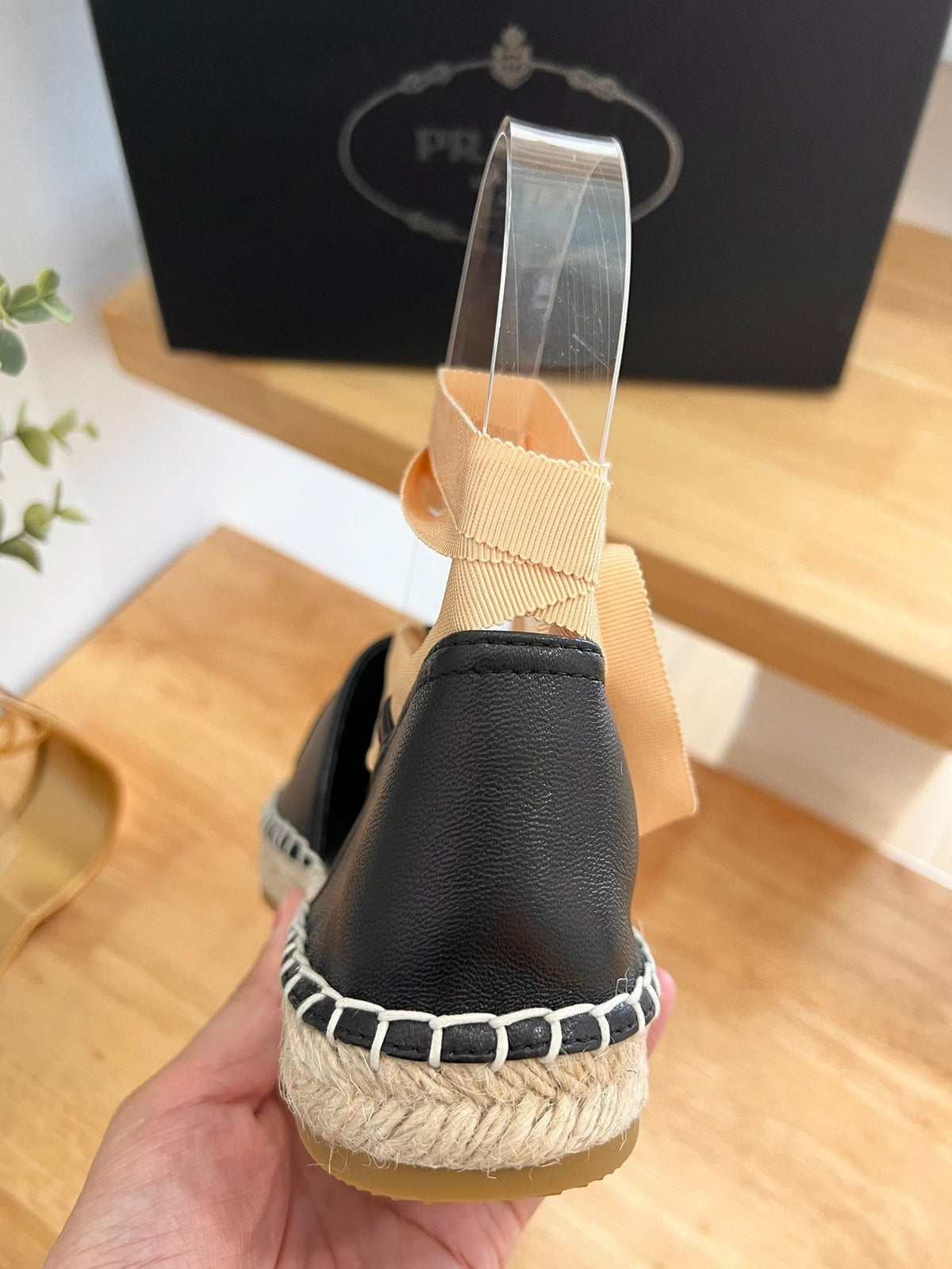 Prada 26s Lace Up Espadrille Flats Black Calfskin
