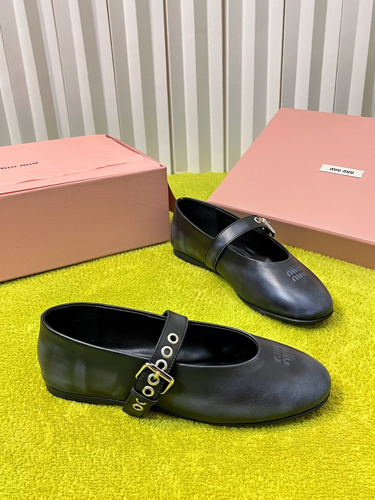 Miu 26S Mary Jane Ballerina Flats Buckle Black Blue Cowhide 137195