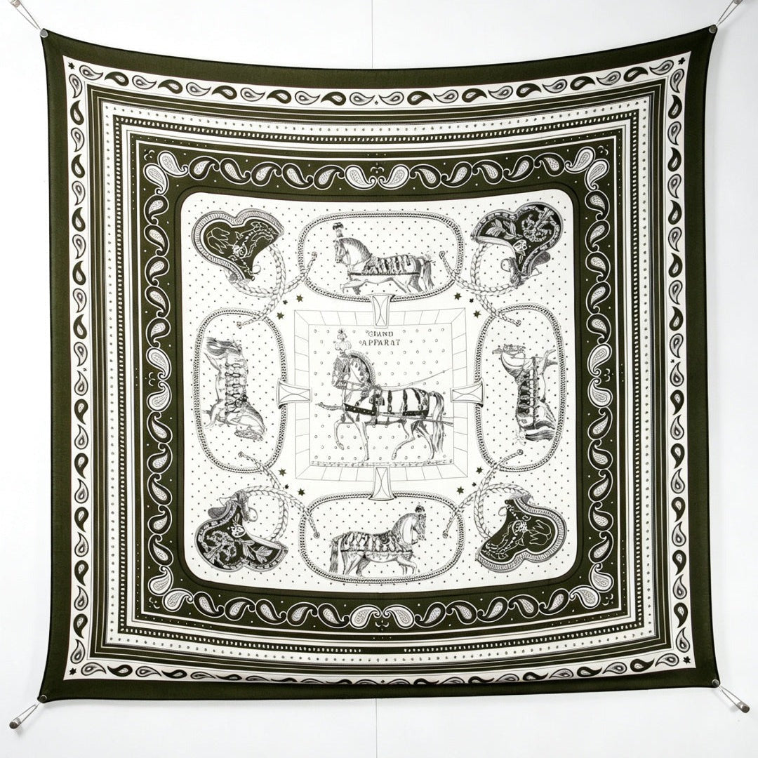 Hermès 2026 Grand Apparat Bandana Scarf 140cm Dark Green Cashmere And Silk 218156