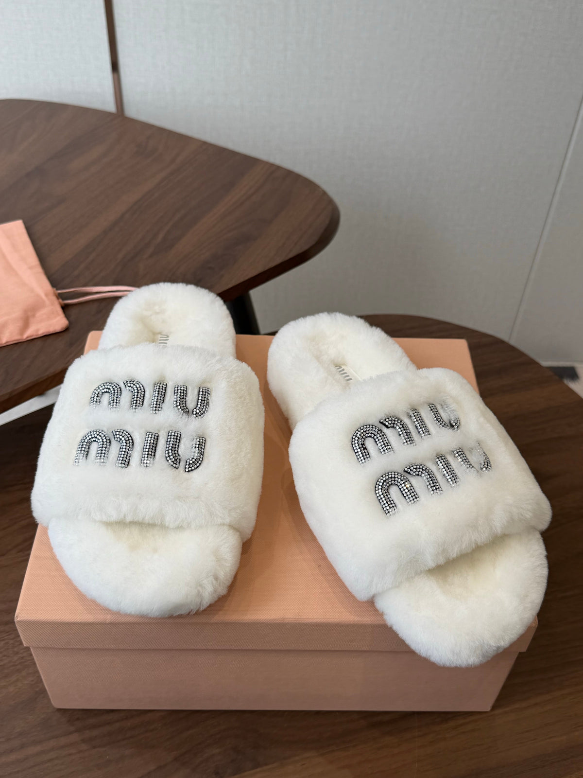 Miumiu 26s Crystal Logo Slides White Shearling