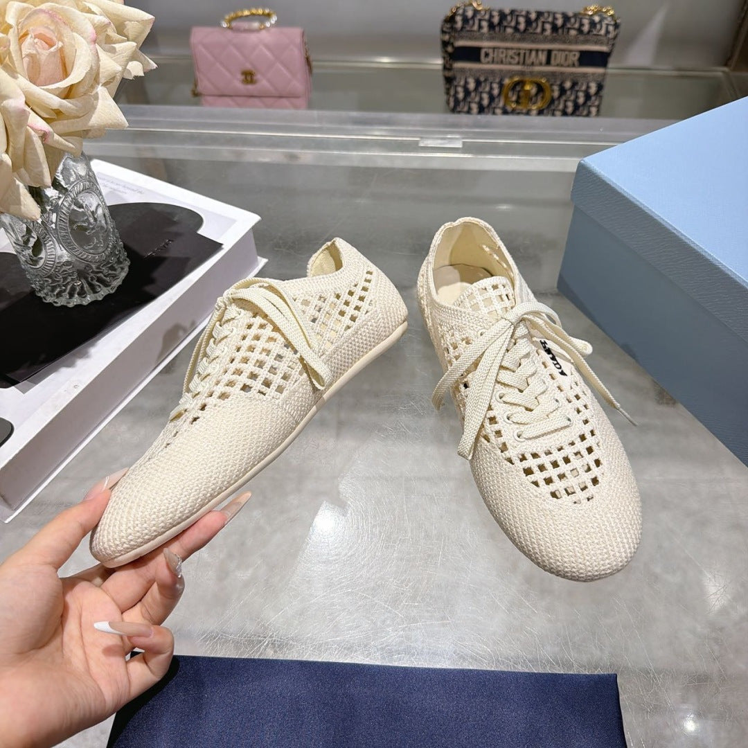Prada 26s Lace Up Openwork Knit Sneakers Ivory White Knit Fabric