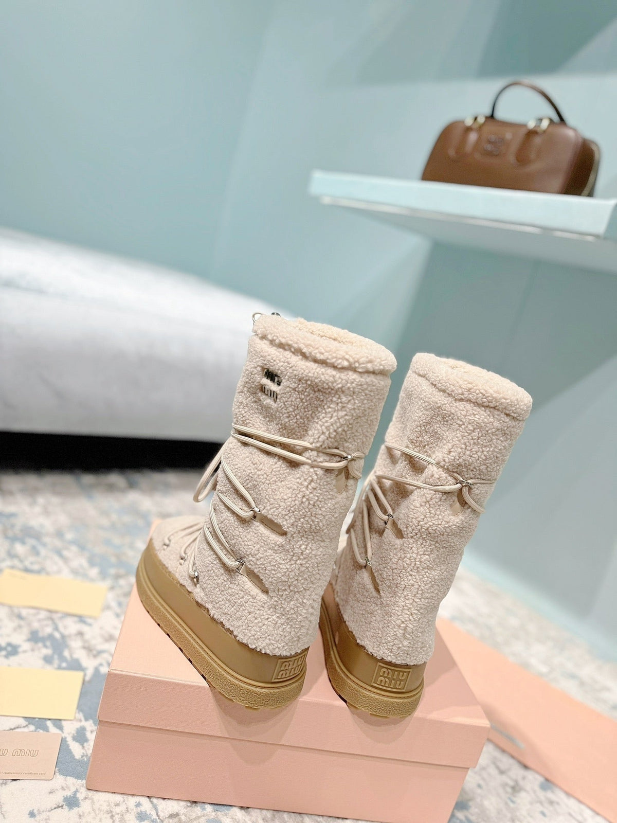 Miumiu 26s Ankle Snow Boots Beige Wool Style 15