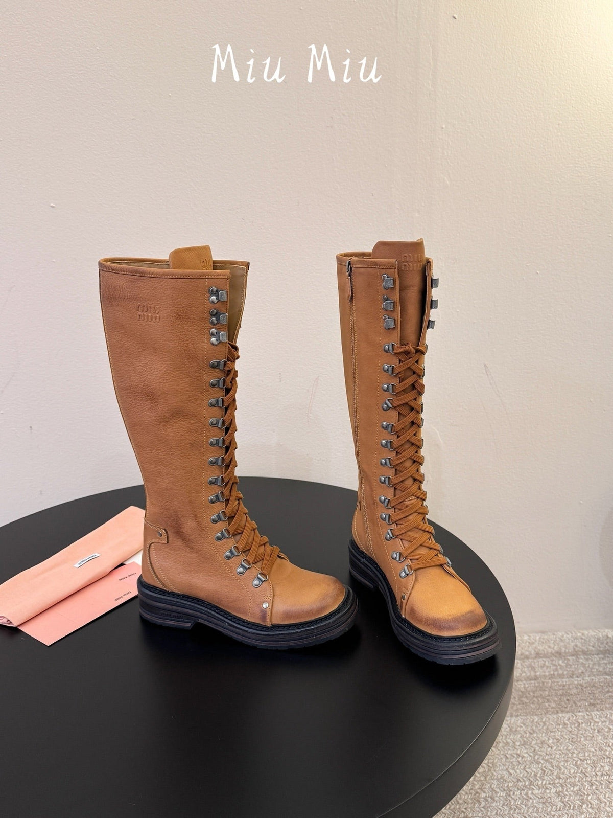 Miumiu 26s High Hiking Boots Camel Brown Calfskin