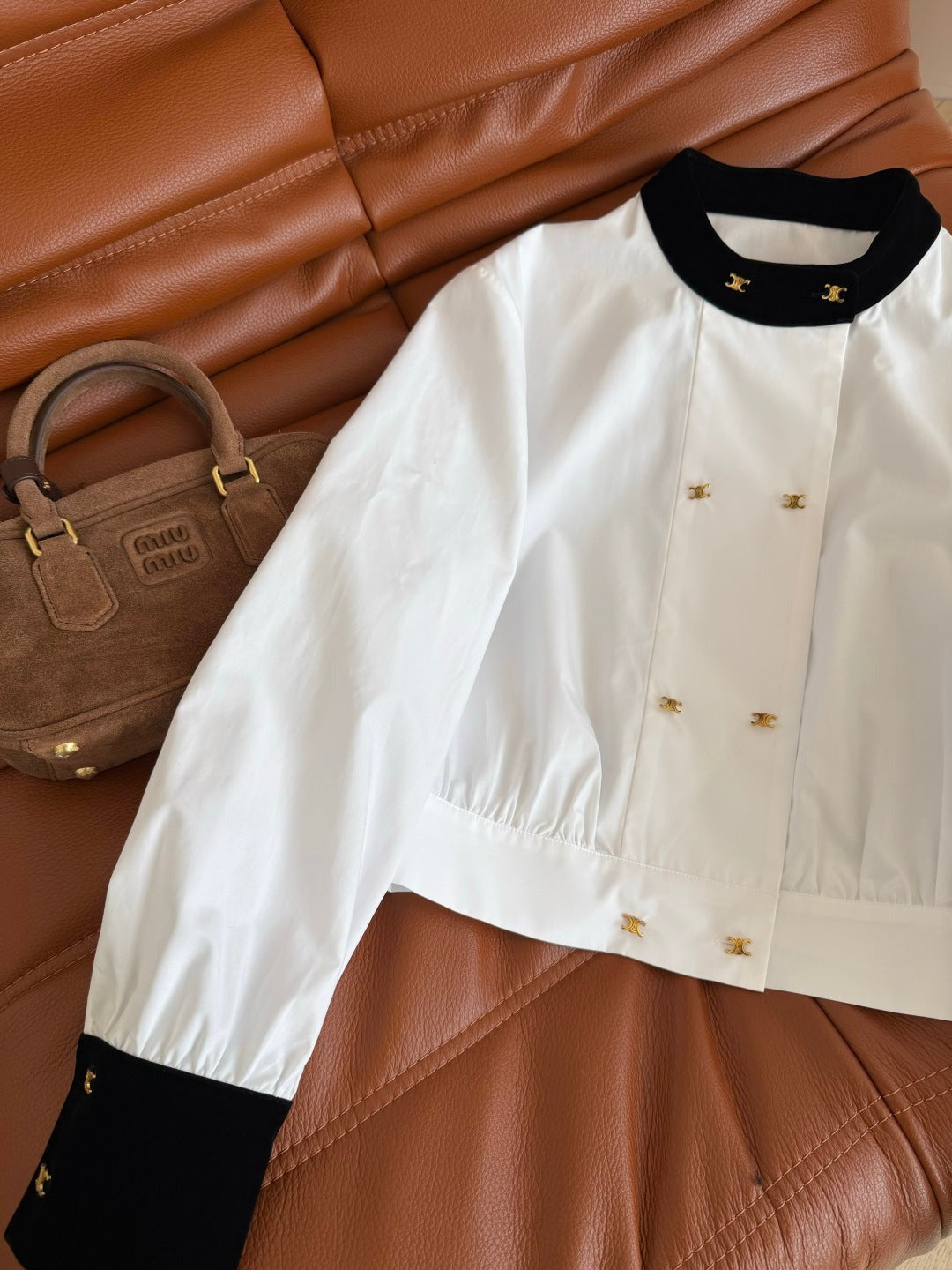 CC 26FW Triomphe Double-Breasted Velvet-Trim Shirt White 438607