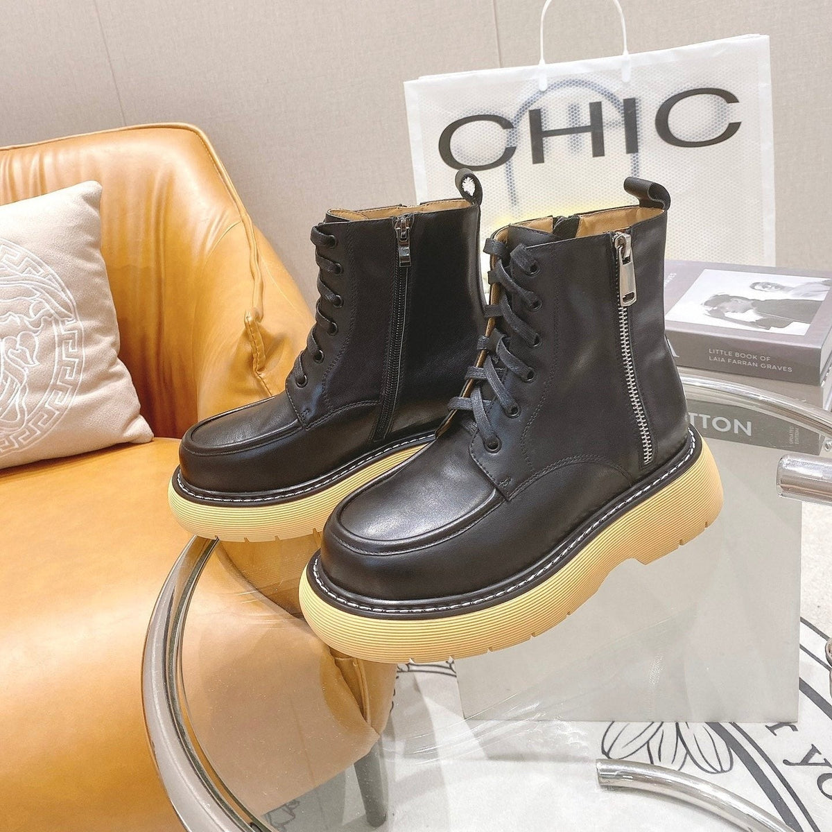 BV 26FW Chunky Combat Boots 5cm Side Zip Leather 164458