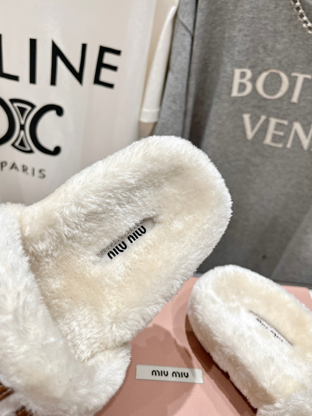 Miumiu 26s Flat Slides Cream Beige Shearling