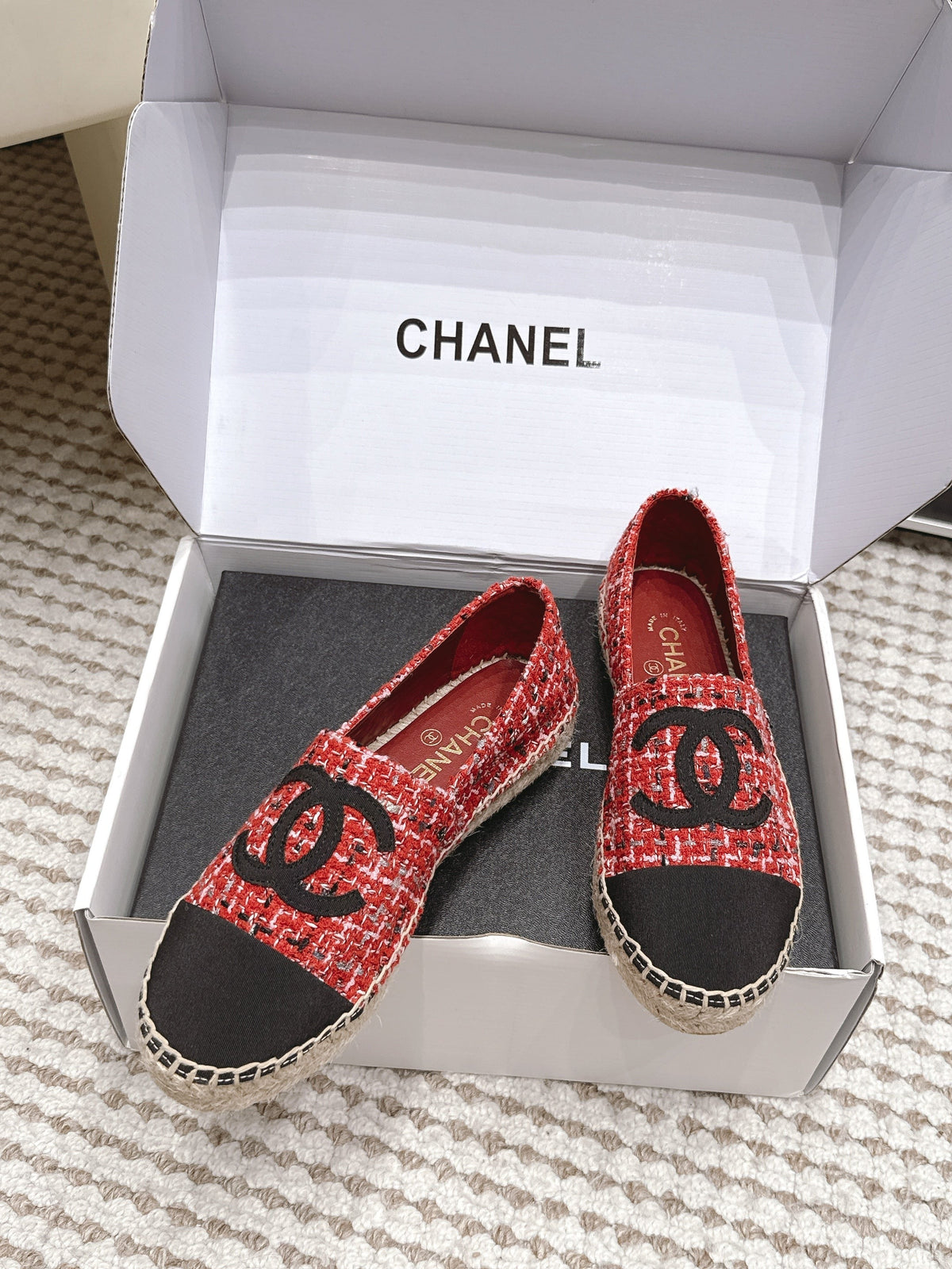 CC 26S Slip-Ons in Red Mix Black Tweed and Patent Calfskin