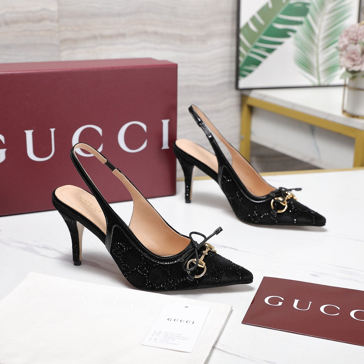 Gucci 26s Slingback Pumps 10cm Black Velvet Gold Hardware With Bow