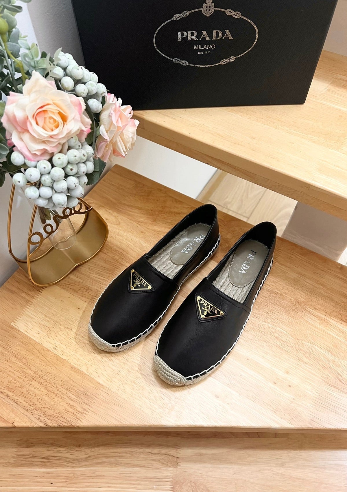 Prada 26s Logo Espadrille Slip On Flats Black Calfskin
