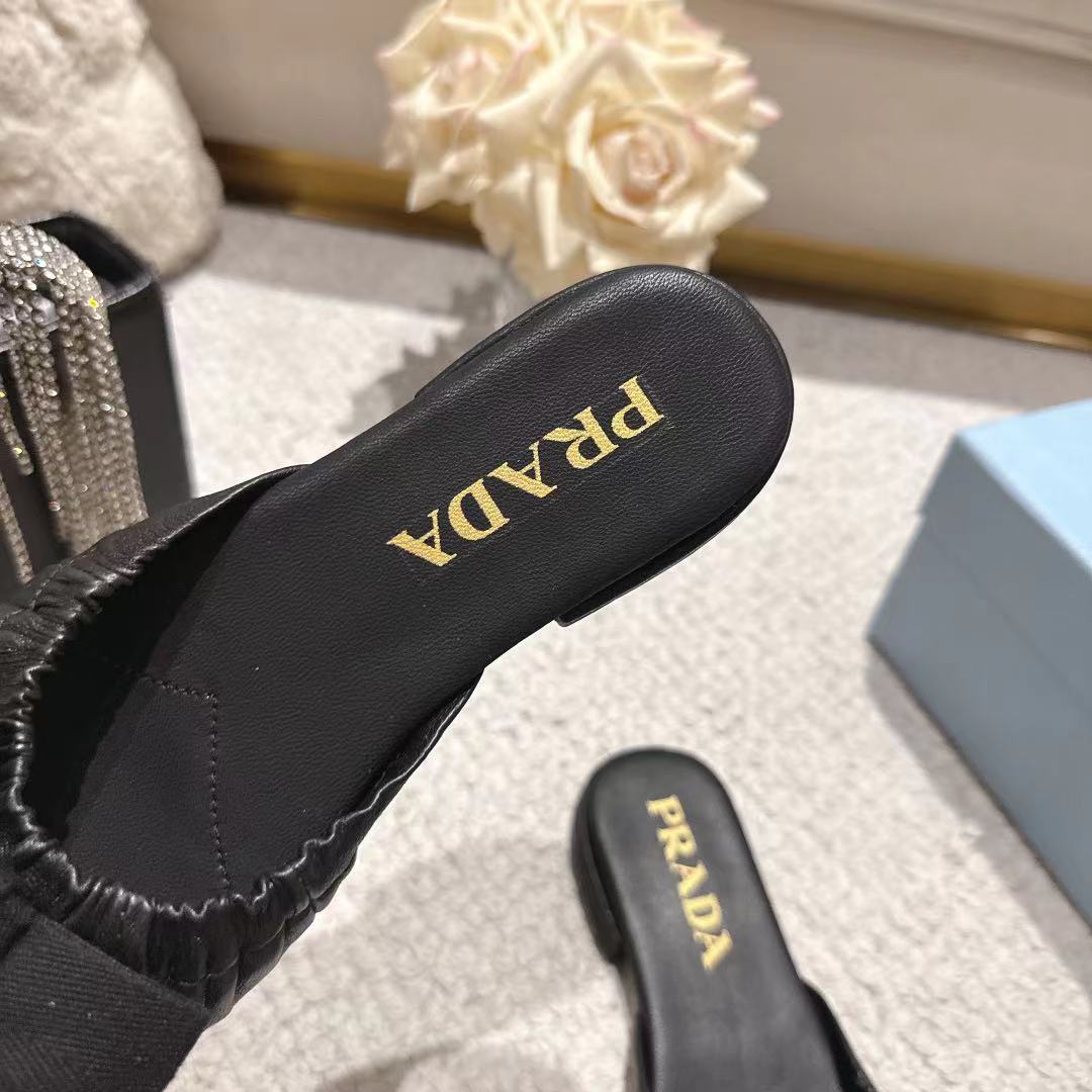 Prada 26s Ruched Bow Slide Sandals Black Calfskin