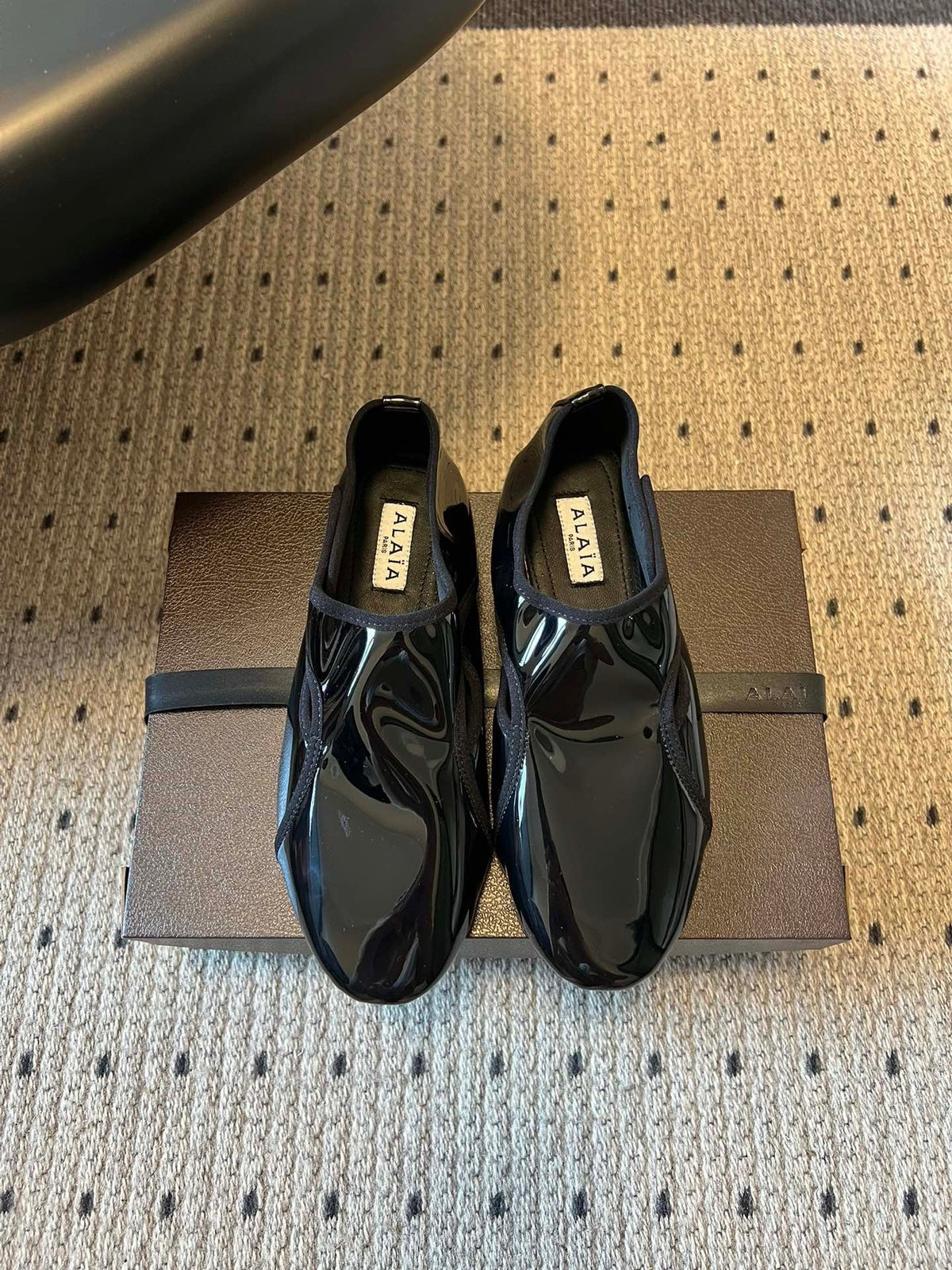 Alaia Criss Cross Ballet Flats Black Patent Cowhide Leather