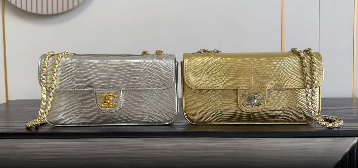 CC 26B Small Flap Bag 21.5cm Metallic Lizard-Embossed Cowhide
