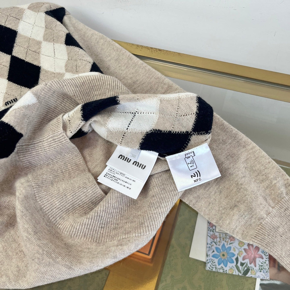 Miumiu 2026 Argyle Pattern Polo Sweater Beige Black Cashmere 435396