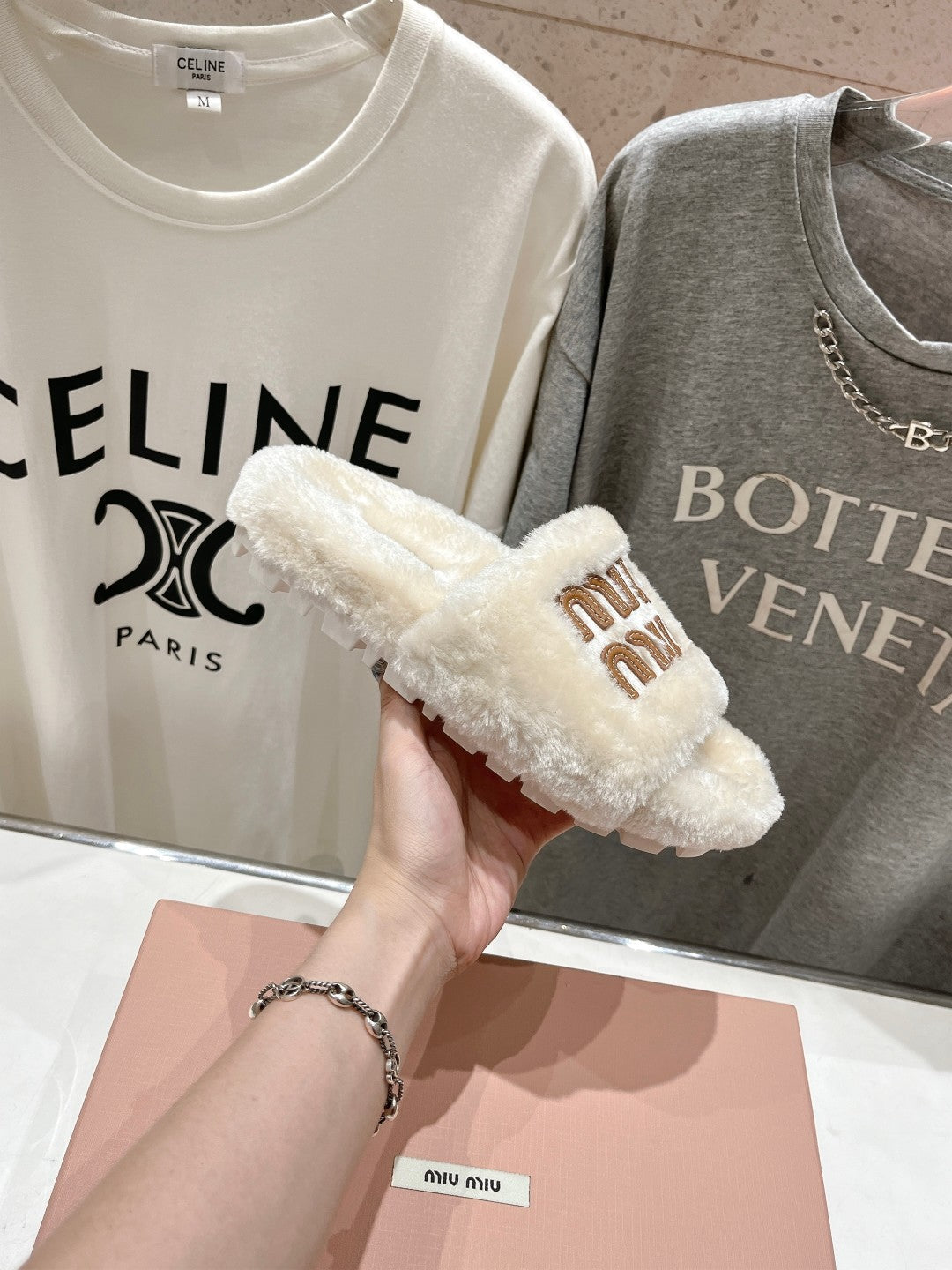 Miumiu 26s Flat Slides Cream Beige Shearling