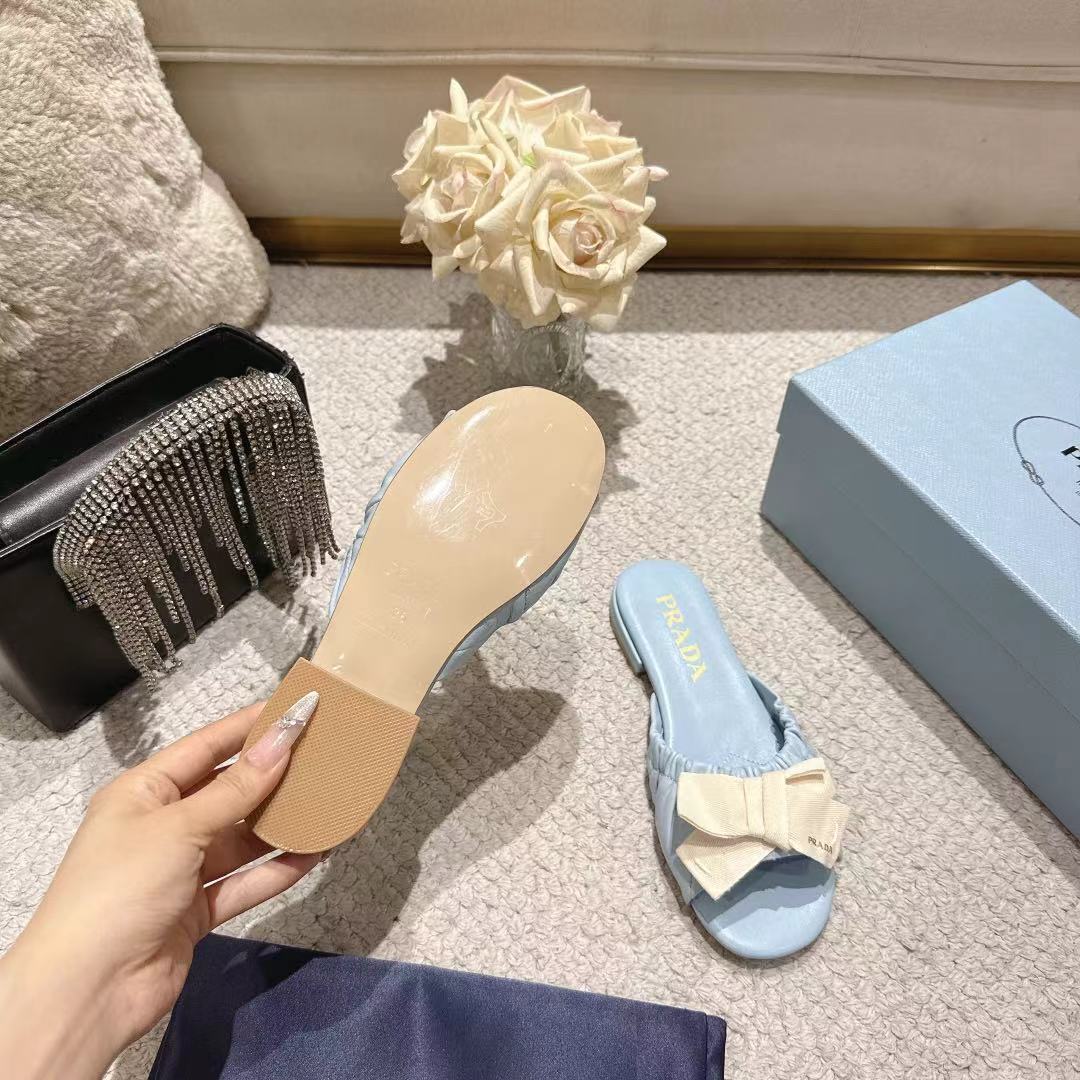 Prada 26s Ruched Bow Slide Sandals Light Blue Calfskin
