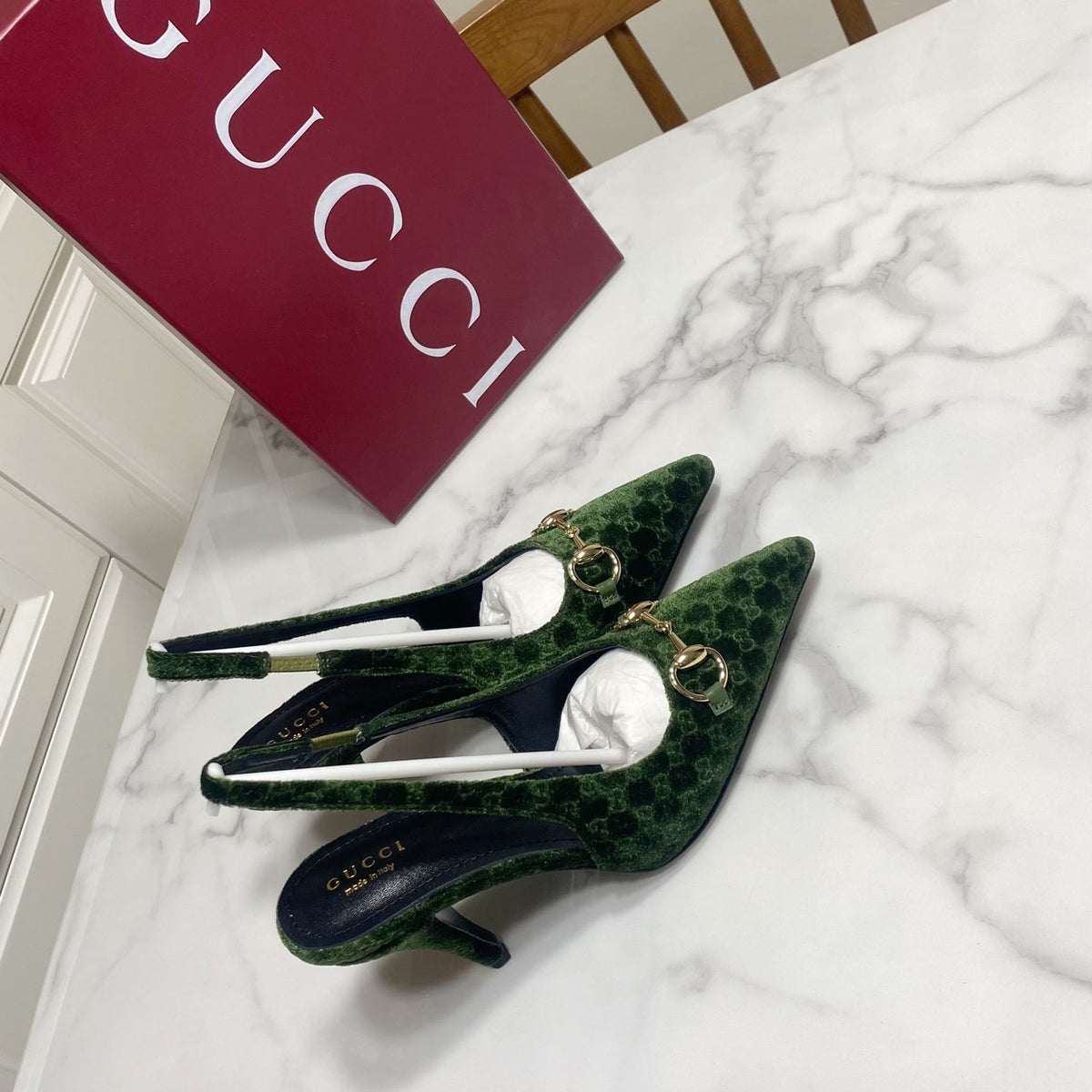 Gucci 26s Slingback Heels 8.5cm Dark Green Velvet