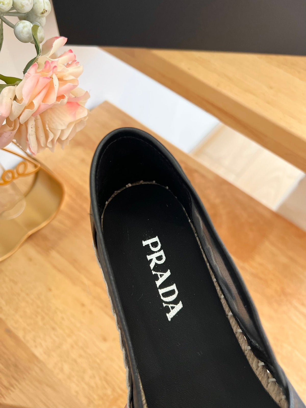 Prada 26s Embroidered Logo Espadrille Flats Black Mesh Calfskin