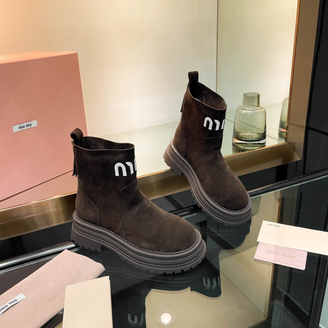 Miumiu 26s Logo Chunky Ankle Boots Dark Brown Suede