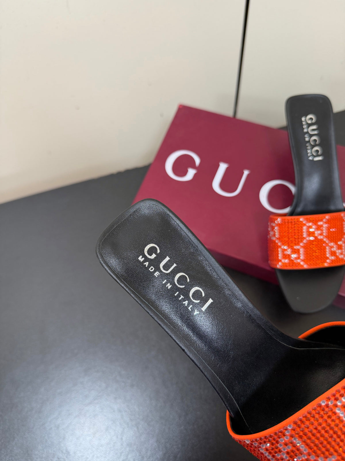 Gucci 26s Mule Sandals 5.5cm Orange Satin Crystal GG