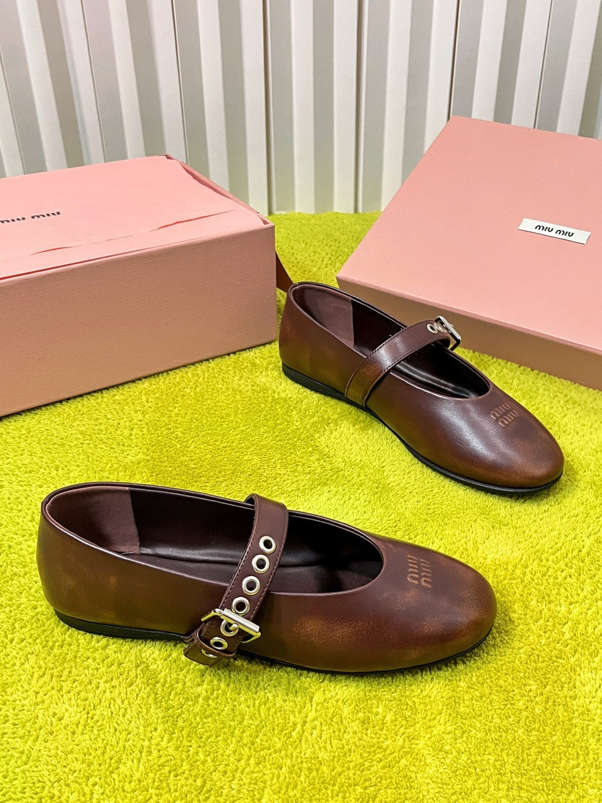 Miu 26S Mary Jane Ballerina Flats Buckle Brown Cowhide 137197