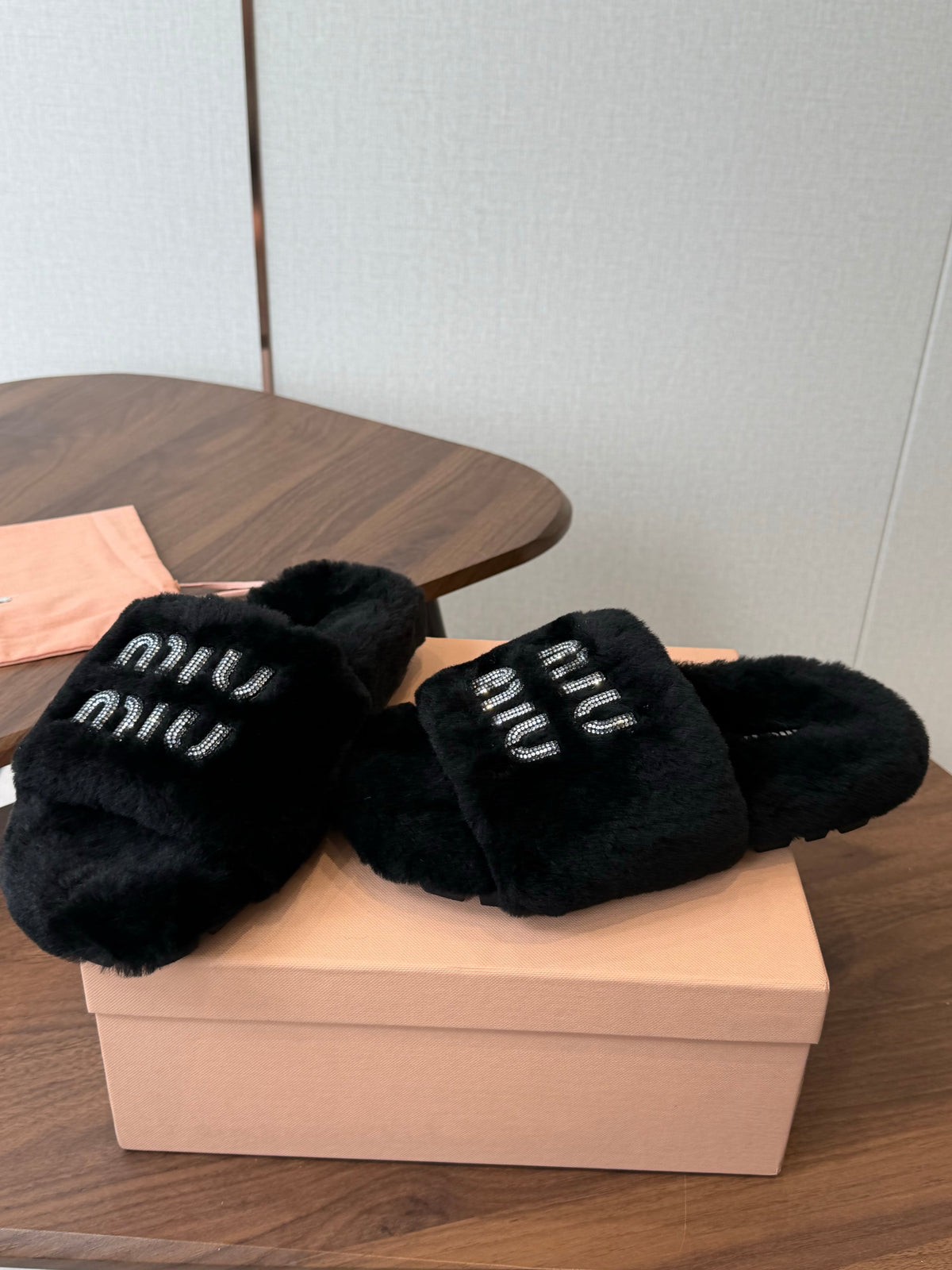 Miumiu 26s Crystal Logo Slides Black Shearling