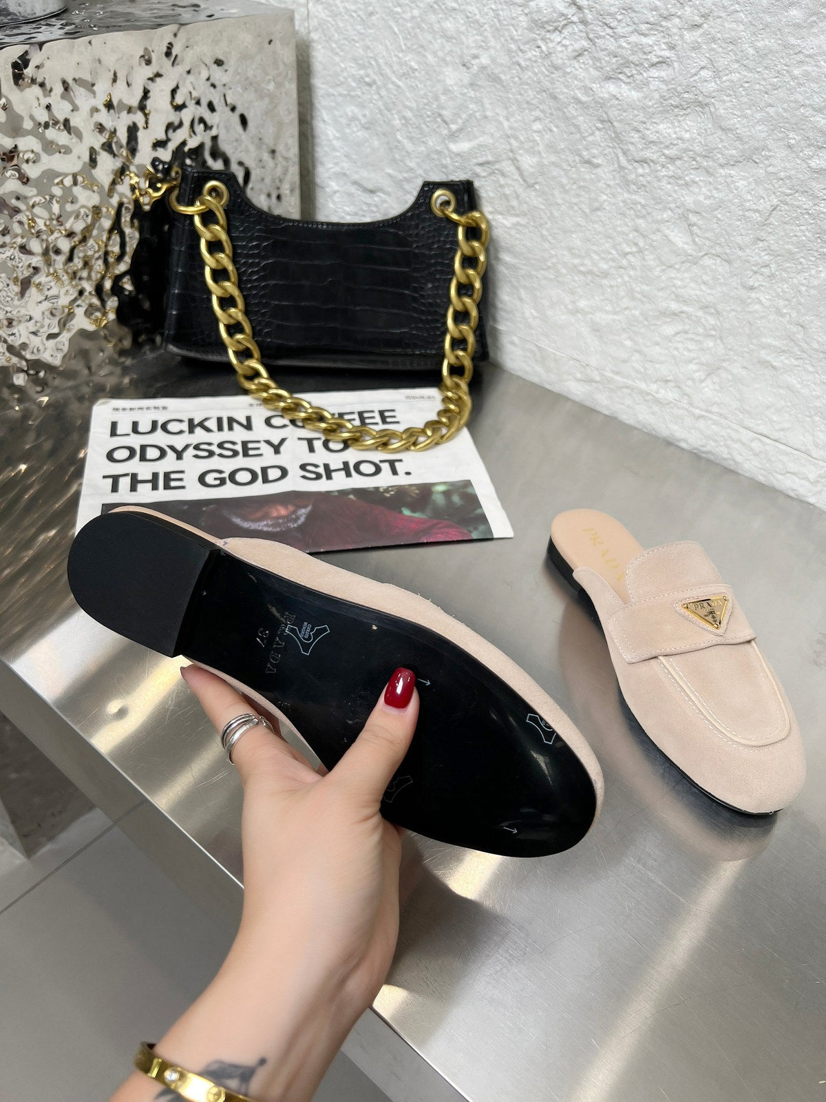 Prada 26s Mule Loafers Nude Beige Suede With Logo