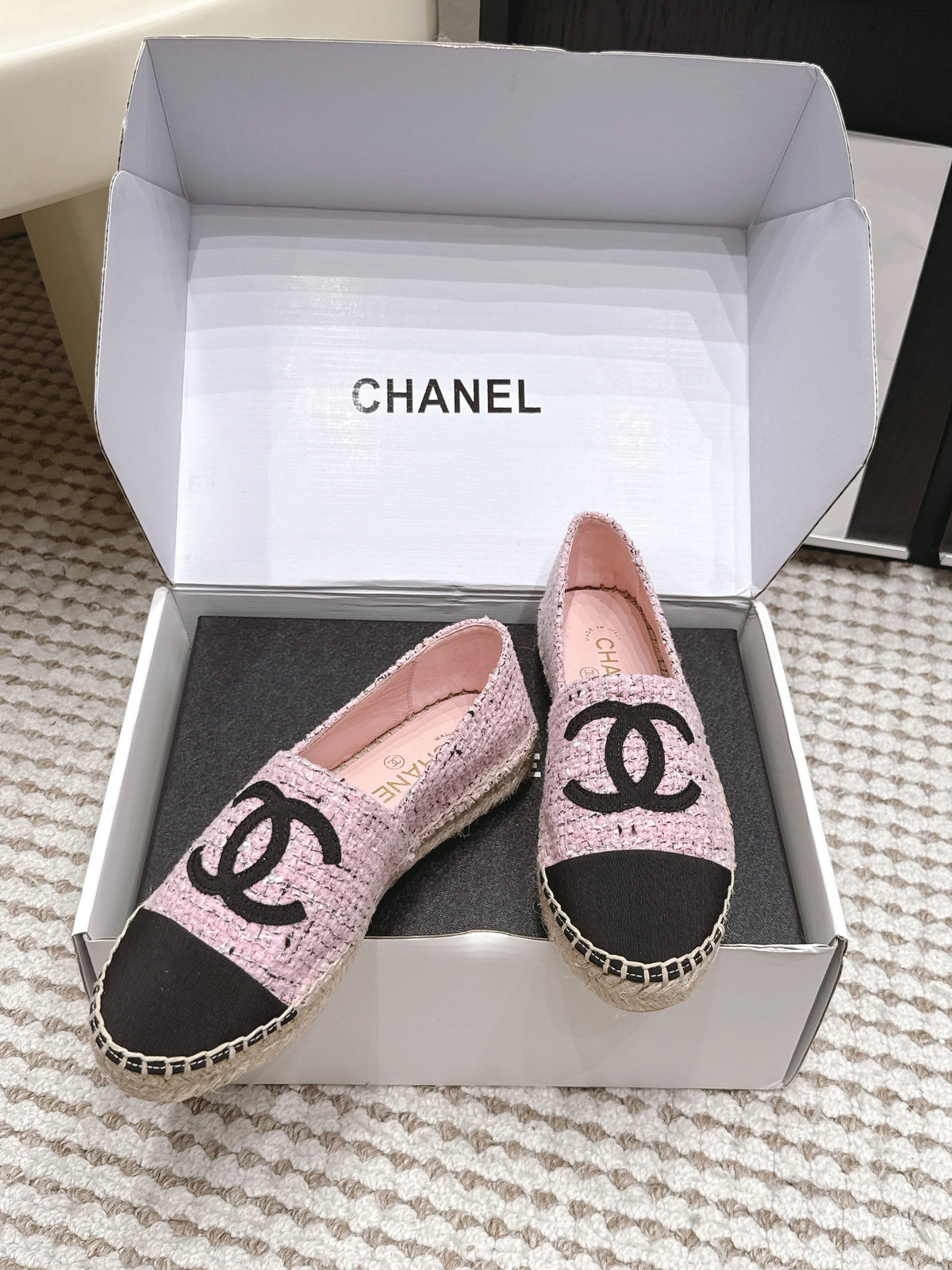 CC 26S Slip-Ons in Pink Mix Black Tweed and Patent Calfskin