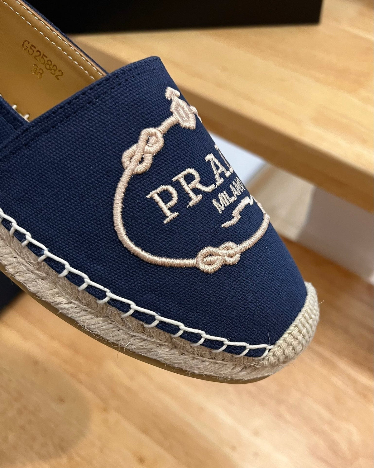 Prada 26s Embroidered Logo Espadrille Flats Navy Blue Canvas