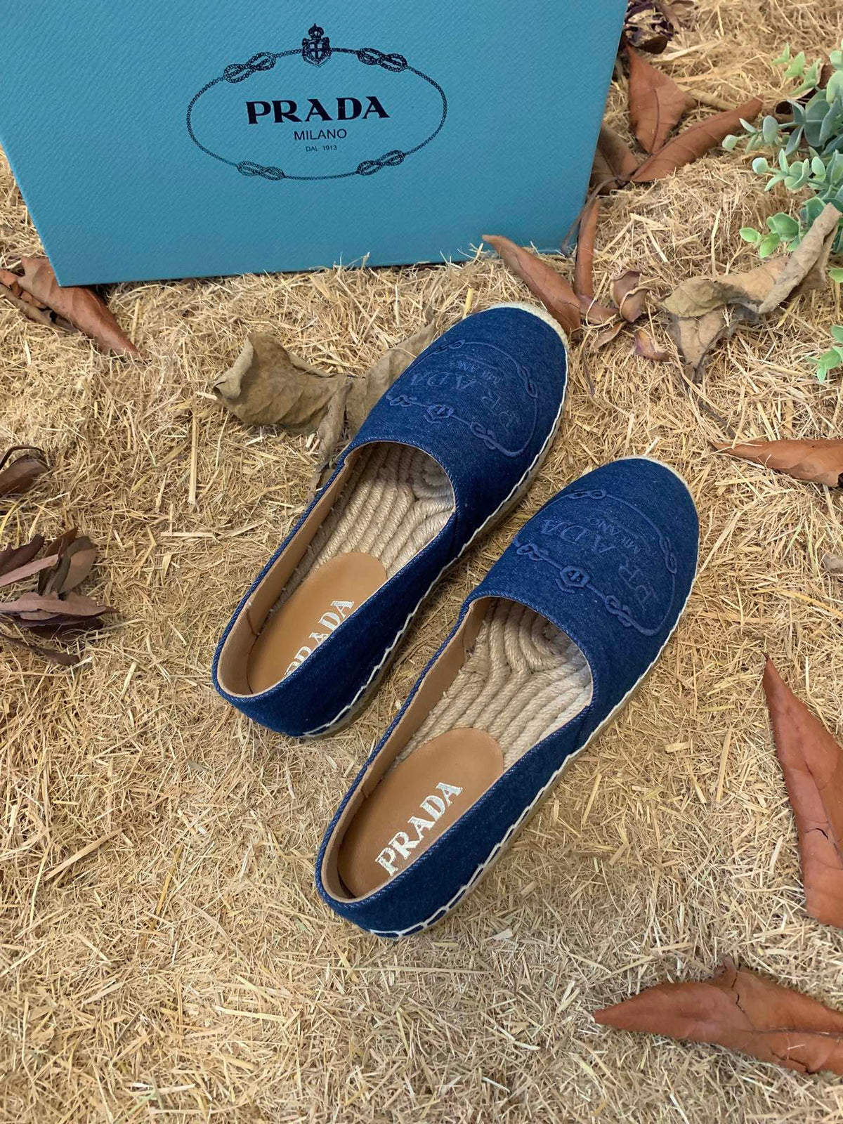 Prada 26s Espadrille Flats Blue Denim Embroidered Logo